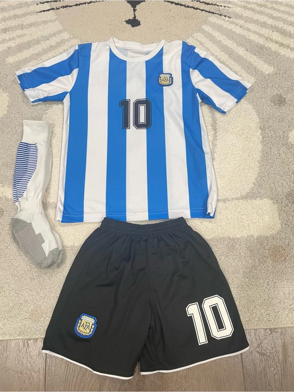 Kids Blue and White Striped Soccer Jersey & Black Shorts Set - Number 10